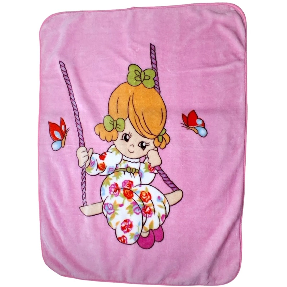 Plush Precious Moments Girl Swinging Butterflies Pink Soft Thick 42x52 Fleece
